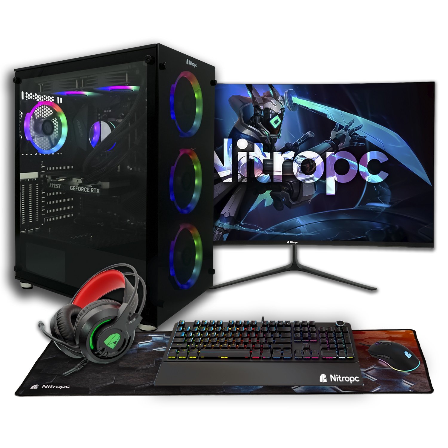 PC Gaming completo Nitropc Pack Diamond Plus - AMD Ryzen 5 7600X, RTX 4060 Ti 8GB, RAM 32GB, M.2 2TB, Windows 11 - Monitor 27" FullHD curvo, teclado, ratón, alfombrilla y auriculares con micrófono - 1